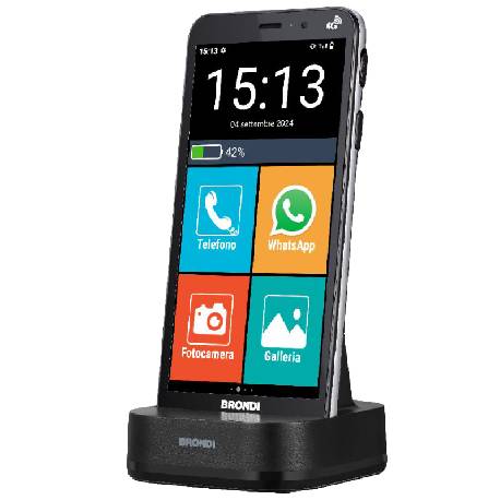 BRONDI AMICO VERO 4G+ (NERO) + FLIP COVER - SMARTPHONE PER ANZIANI - TASTO SOS - TORCIA - GPS - NOTIFICA AI PARENTI IN CASO DI CADUTA - CONTROLLO REMOTO - FOTOCAMERA - BASE DI RICARICA - CONNETTIVITA